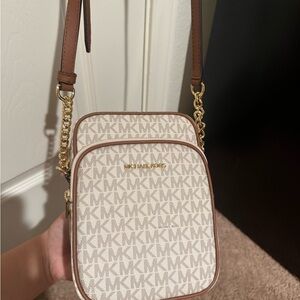 Michael Kors Beige MK Logo Crossbody with Brown Trim and Gold Hardware